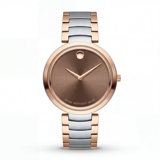 Two-Tone Steel & Rose Gold Minimalist Brown Sunray Dial Luxury Bracelet Watch – Women