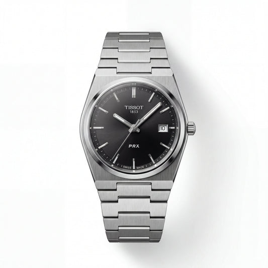 Stainless Steel Integrated Bracelet Black Sunburst Dial Date Watch – Men