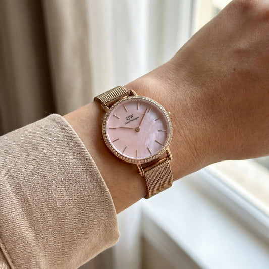 Rose Gold Crystal Bezel Pink Mother-of-Pearl Dial Mesh Strap Watch