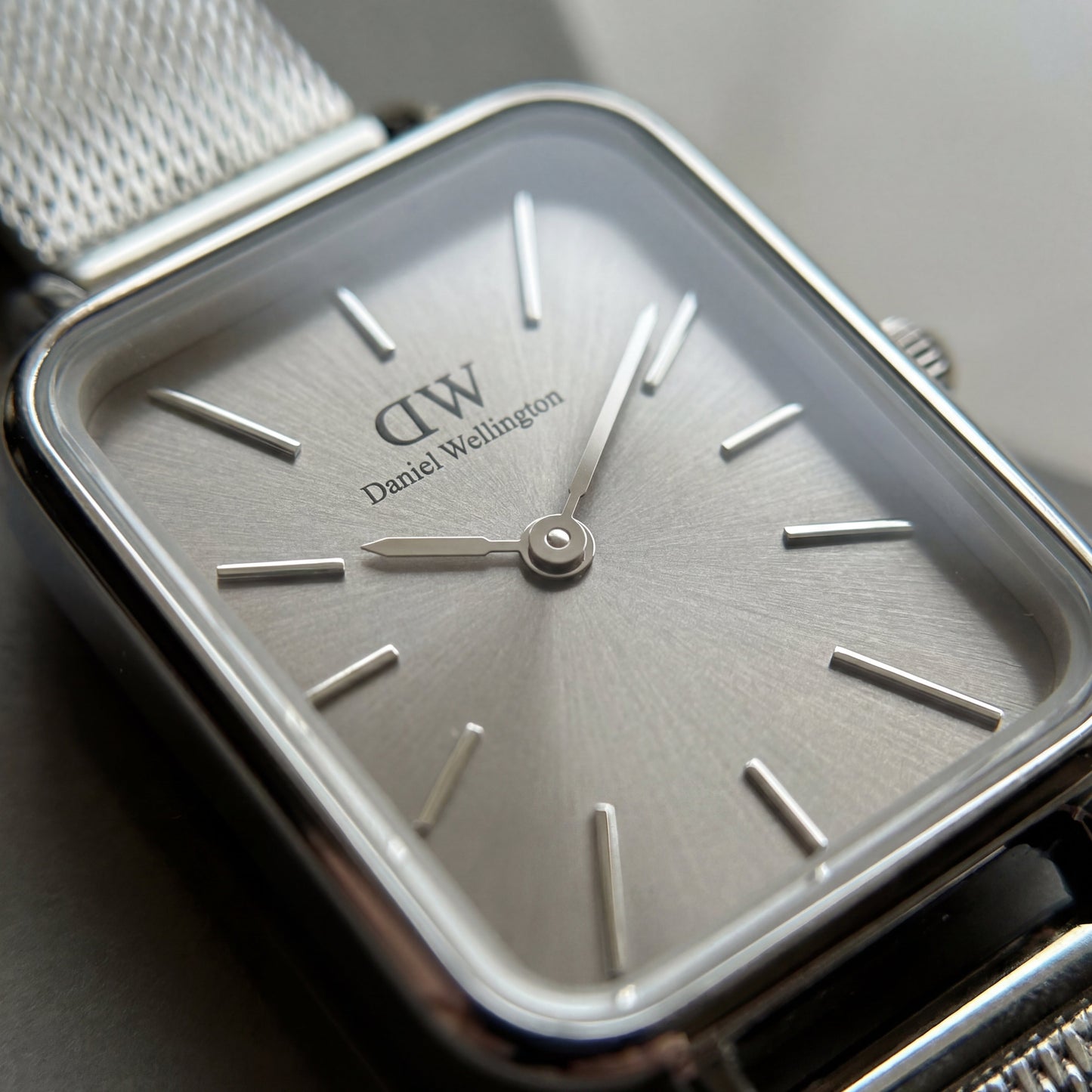 Silver Rectangular Sunray Dial Mesh Strap Minimal Watch