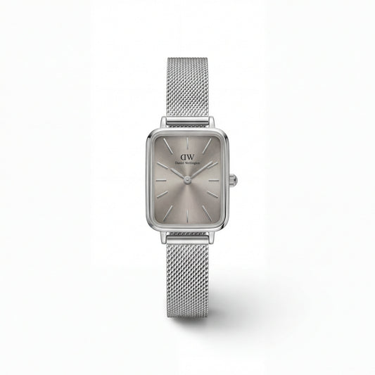 Silver Rectangular Sunray Dial Mesh Strap Minimal Watch