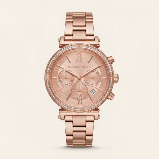 Full Rose Gold Crystal Bezel Chronograph Bracelet Watch