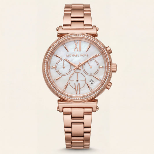 Rose Gold Mother-of-Pearl Crystal Chronograph Watch