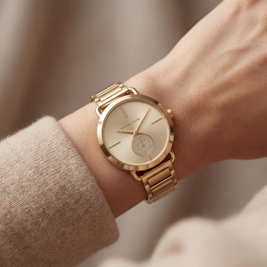 Full Gold-Tone Minimal Crystal Subdial Classic Bracelet Watch