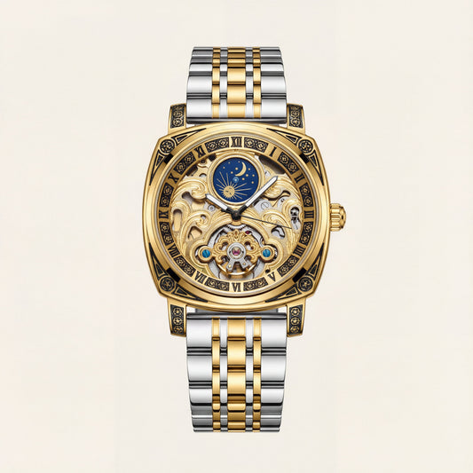 Gold Skeleton Moonphase Open-Heart Automatic Men’s WatcH