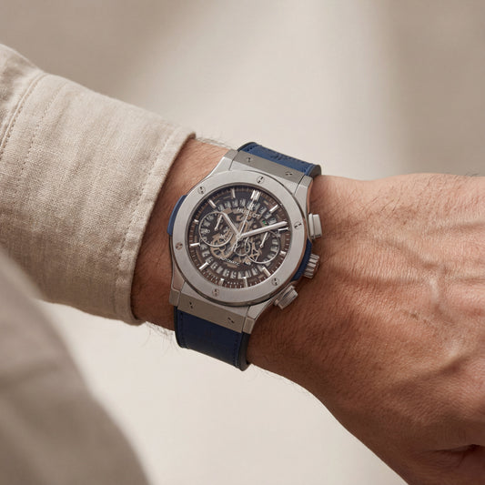 Skeleton Chronograph Watch – Grey Steel Case with Blue Strap