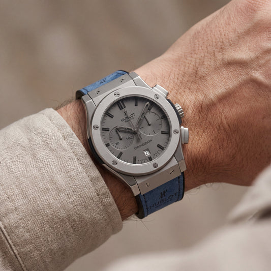 Steel Chronograph Watch – Grey Dial with Blue Leather Strap