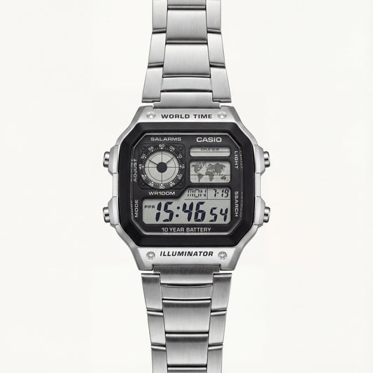 Stainless Steel Digital World Time Watch – Multi-Function Edition