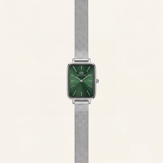 Emerald Green Rectangular Dial Silver Mesh Strap Minimal Watch