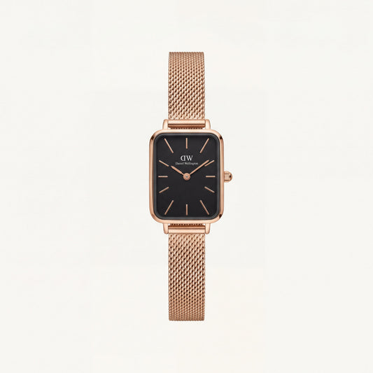 Rose Gold Rectangular Black Dial Mesh Strap Minimal Watch