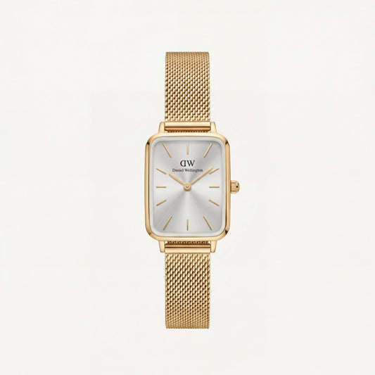 Gold Rectangular Silver Sunray Dial Mesh Strap Watch