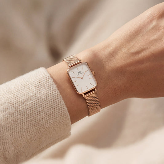 Rose Gold Rectangular White Dial Mesh Strap Minimal Watch