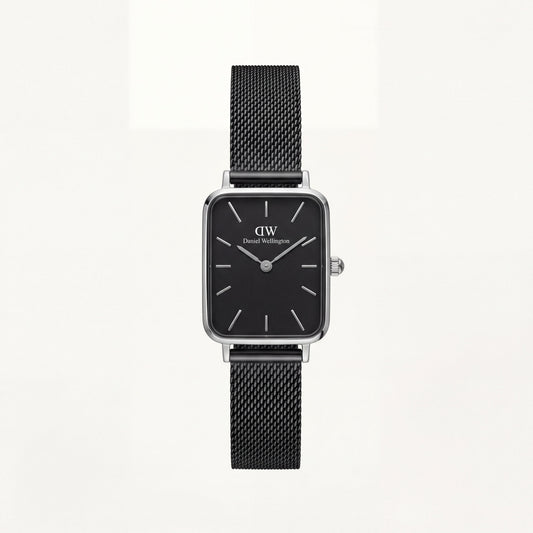 Silver Rectangular Black Dial Black Mesh Strap Watch