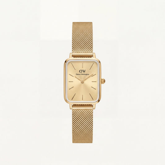 Gold Rectangular Champagne Sunray Dial Mesh Strap Watch