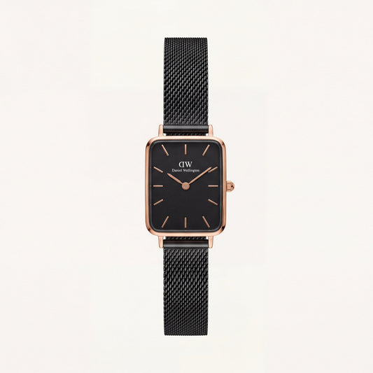 Rose Gold Rectangular Black Dial Black Mesh Strap Watch