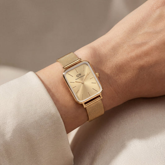 Gold Rectangular Champagne Sunray Dial Mesh Strap Watch