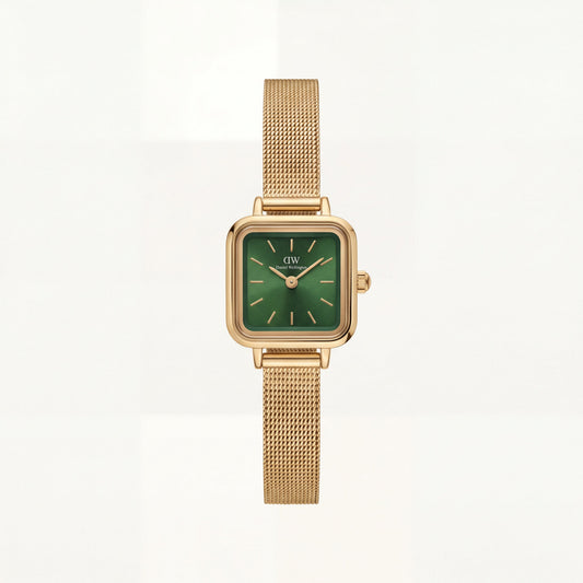Gold Square Case Emerald Green Dial Mesh Strap Watch