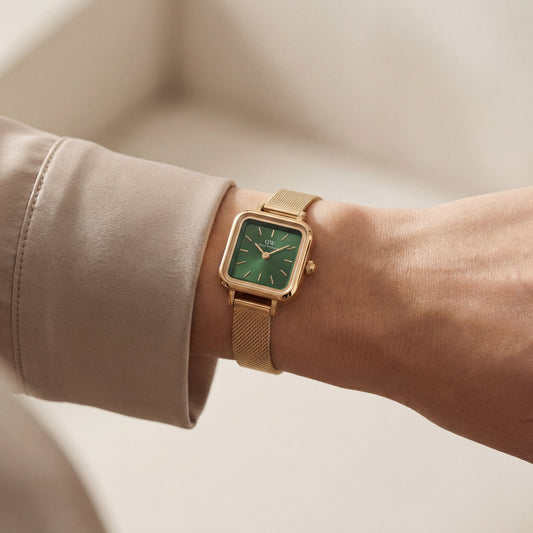 Gold Square Case Emerald Green Dial Mesh Strap Watch