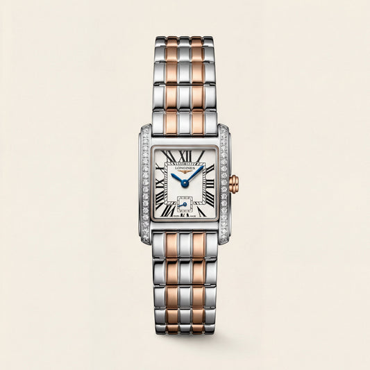 Diamond-Set Two-Tone Rectangular Roman Dial Steel Bracelet Watch – Women