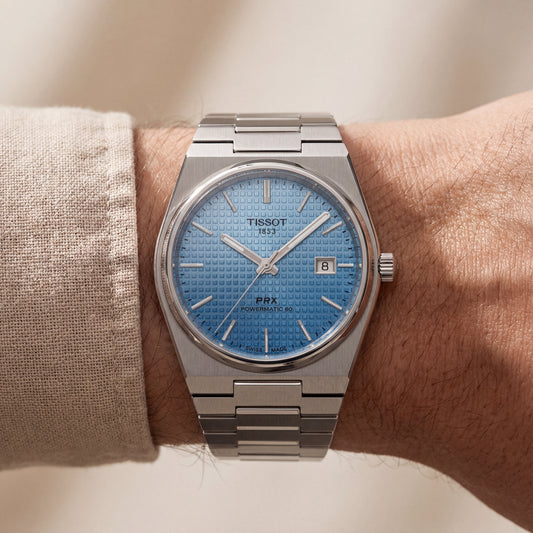 Steel Blue Textured Dial Integrated Bracelet Luxury Watch – Men