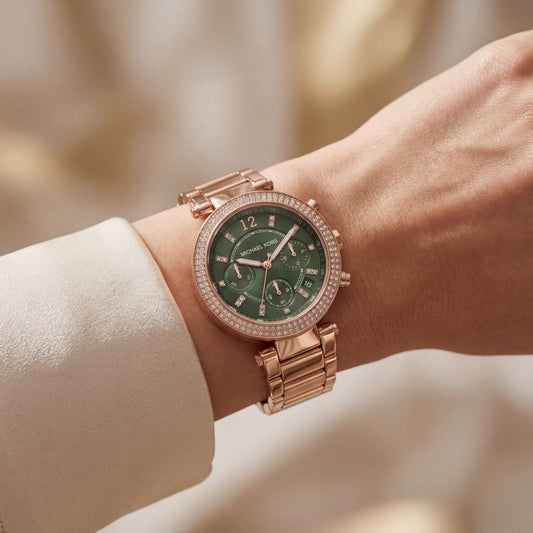 Rose Gold Crystal Bezel Green Chronograph Luxury Bracelet Watch – Women