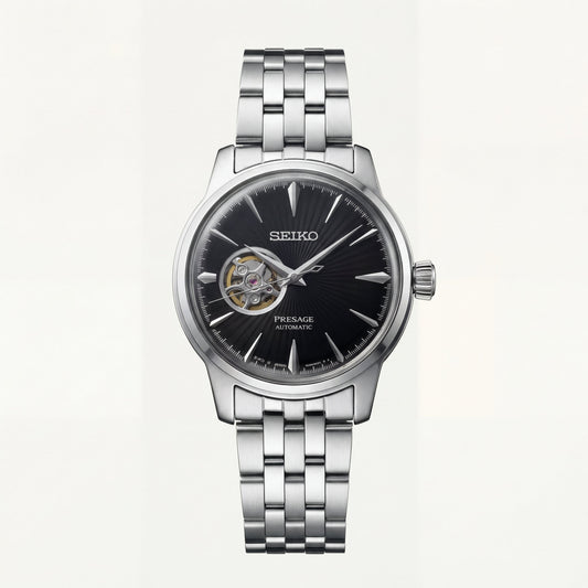 Silver Stainless Steel Case Black Sunburst Dial Open-Heart Automatic Luxury Bracelet Watch – Men
