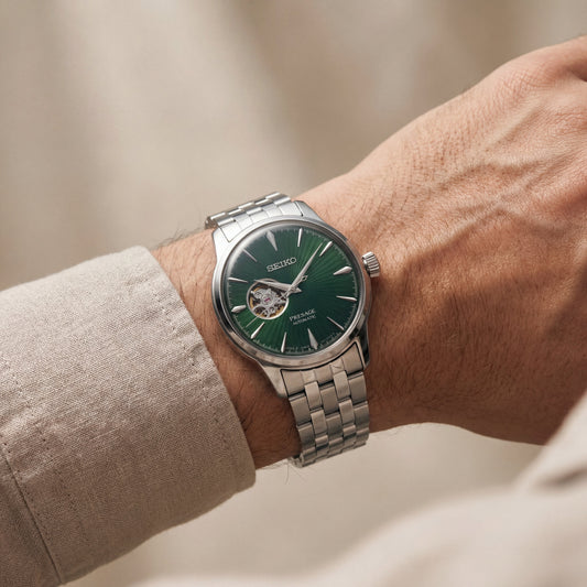 Silver Stainless Steel Case Emerald Green Sunburst Dial Open-Heart Automatic Luxury Bracelet Watch – Men