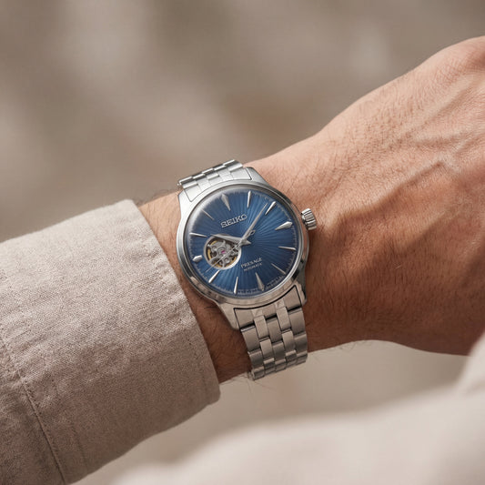 Silver Stainless Steel Case Blue Sunburst Dial Open-Heart Automatic Luxury Bracelet Watch – Men