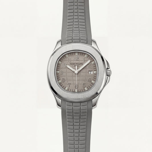 Luxury Silver Sport Watch Stainless Steel Case Sand Beige Textured Dial Grey Rubber Strap Premium Watch – Men