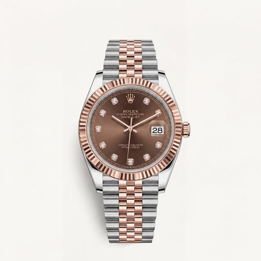 Luxury Two-Tone Stainless Steel Watch Rose Gold Fluted Bezel Chocolate Sunburst Dial Diamond Markers Date Watch – Men