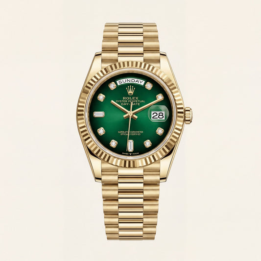 Luxury Gold Stainless Steel Watch Fluted Bezel Emerald Green Sunburst Dial Diamond Markers Day-Date Watch – Men