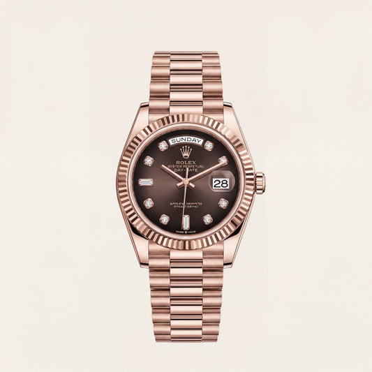 Luxury Rose Gold Stainless Steel Watch Fluted Bezel Chocolate Brown Dial Diamond Markers Day-Date Watch – Men