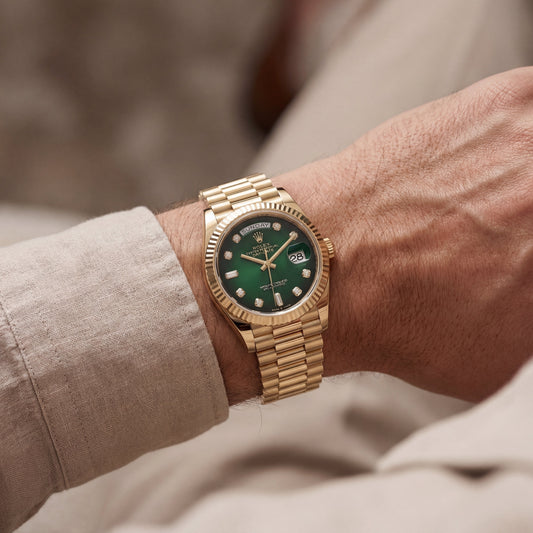 Luxury Gold Stainless Steel Watch Fluted Bezel Emerald Green Sunburst Dial Diamond Markers Day-Date Watch – Men