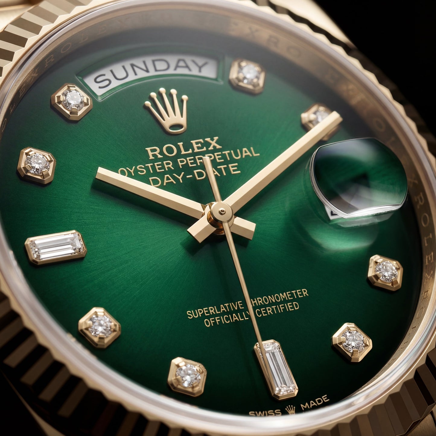Luxury Gold Stainless Steel Watch Fluted Bezel Emerald Green Sunburst Dial Diamond Markers Day-Date Watch – Men