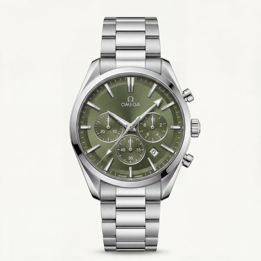 Luxury Silver Stainless Steel Chronograph Watch Olive Green Dial Baton Markers Multi-Subdial Date Display – Men