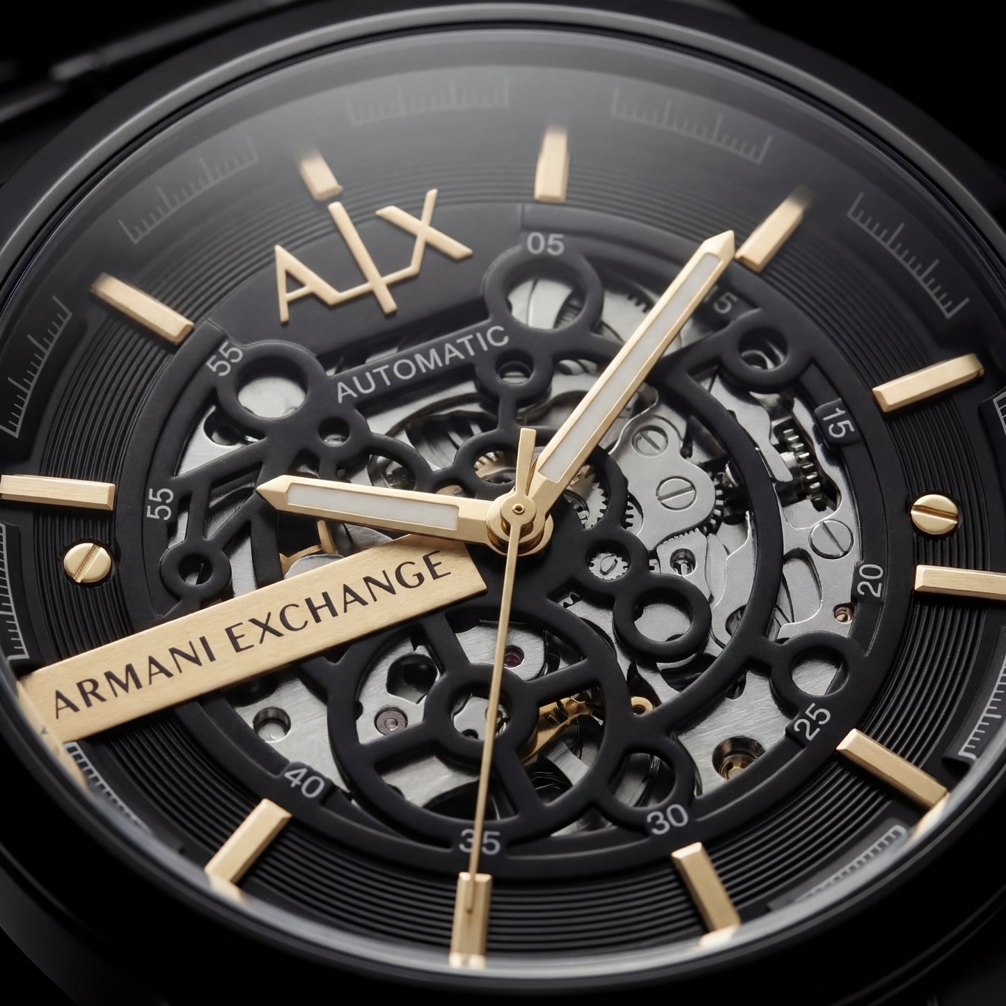 Luxury Black Stainless Steel Skeleton Watch Gold Markers Automatic Open Dial Mechanical Watch – Men