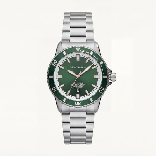 Premium Silver Stainless Steel Diver Style Watch Green Dial White Ring Date Display Sport Luxury Watch – Men
