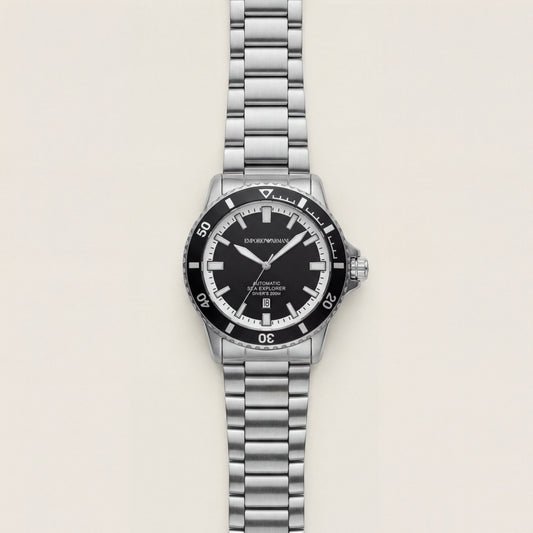 Premium Silver Stainless Steel Diver Style Watch Black Dial White Ring Date Display Sport Luxury Watch – Men