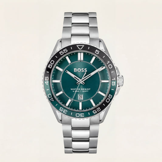 Premium Silver Stainless Steel Watch Green Dial Sport Bezel Date Display Classic Luxury Watch – Men
