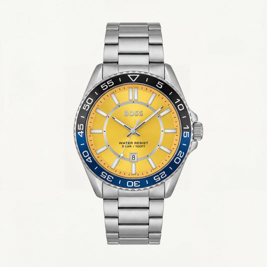 Premium Silver Stainless Steel Watch Yellow Dial Blue Sport Bezel Date Display Bold Luxury Watch – Men