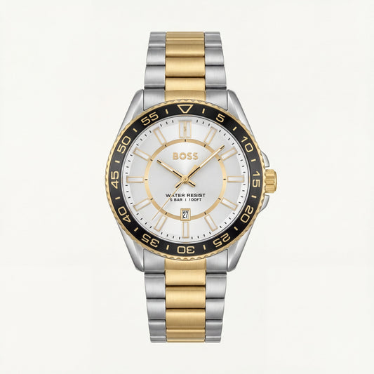 Premium Two-Tone Stainless Steel Watch White Dial Gold Accent Bezel Date Display Classic Luxury Watch – Men