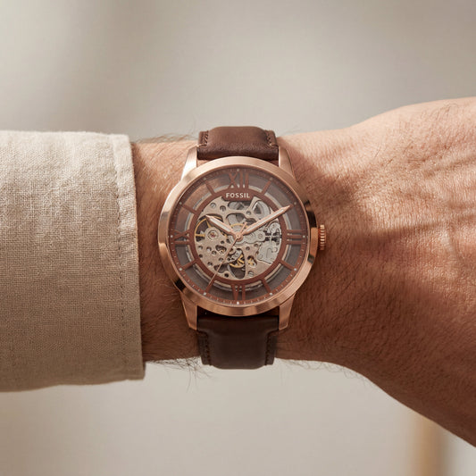 Rose Gold Skeleton Automatic Men’s Watch with Brown Leather Strap