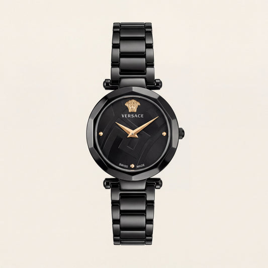 Black Round Case Luxury Medusa Dial Gold Hands Stainless Steel Bracelet Watch – Women