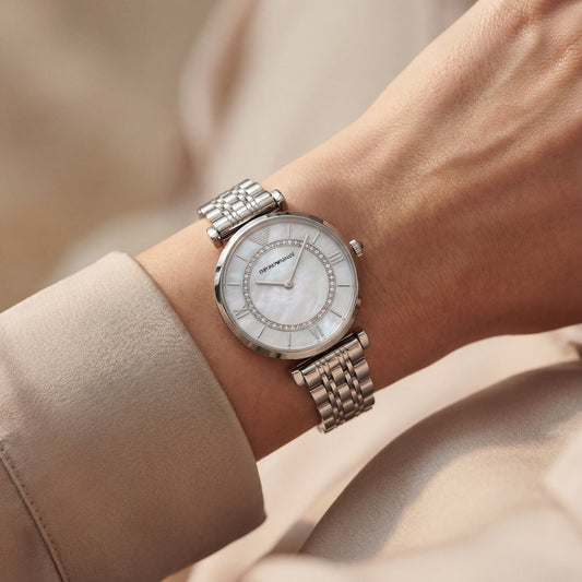 Silver Mother-of-Pearl Crystal Ring Watch – Luxe Edition