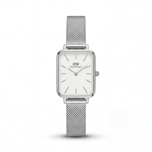 Classic White Rectangular Dial Silver Mesh Minimal Watch