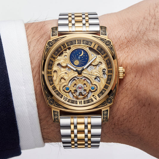 Gold Skeleton Moonphase Open-Heart Automatic Men’s WatcH