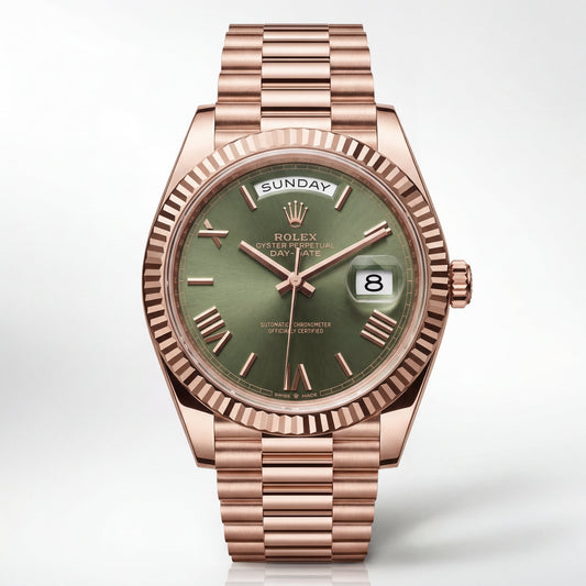 Rose Gold Day-Date President-Style Luxury Men’s Watch with Olive Green Dial