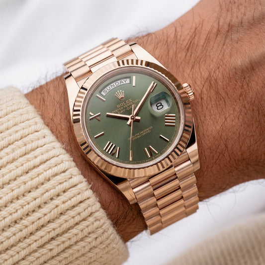 Rose Gold Day-Date President-Style Luxury Men’s Watch with Olive Green Dial
