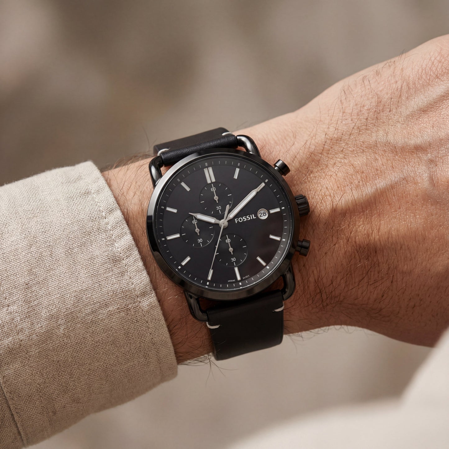 Matte Black Chronograph Leather Strap Men’s Watch