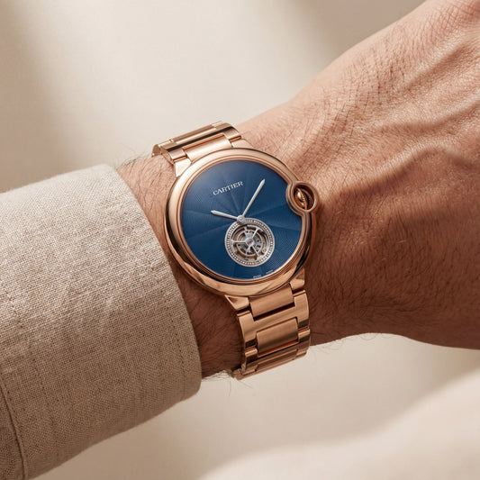 Rose Gold Open Heart Luxury Watch with Blue Textured Dial